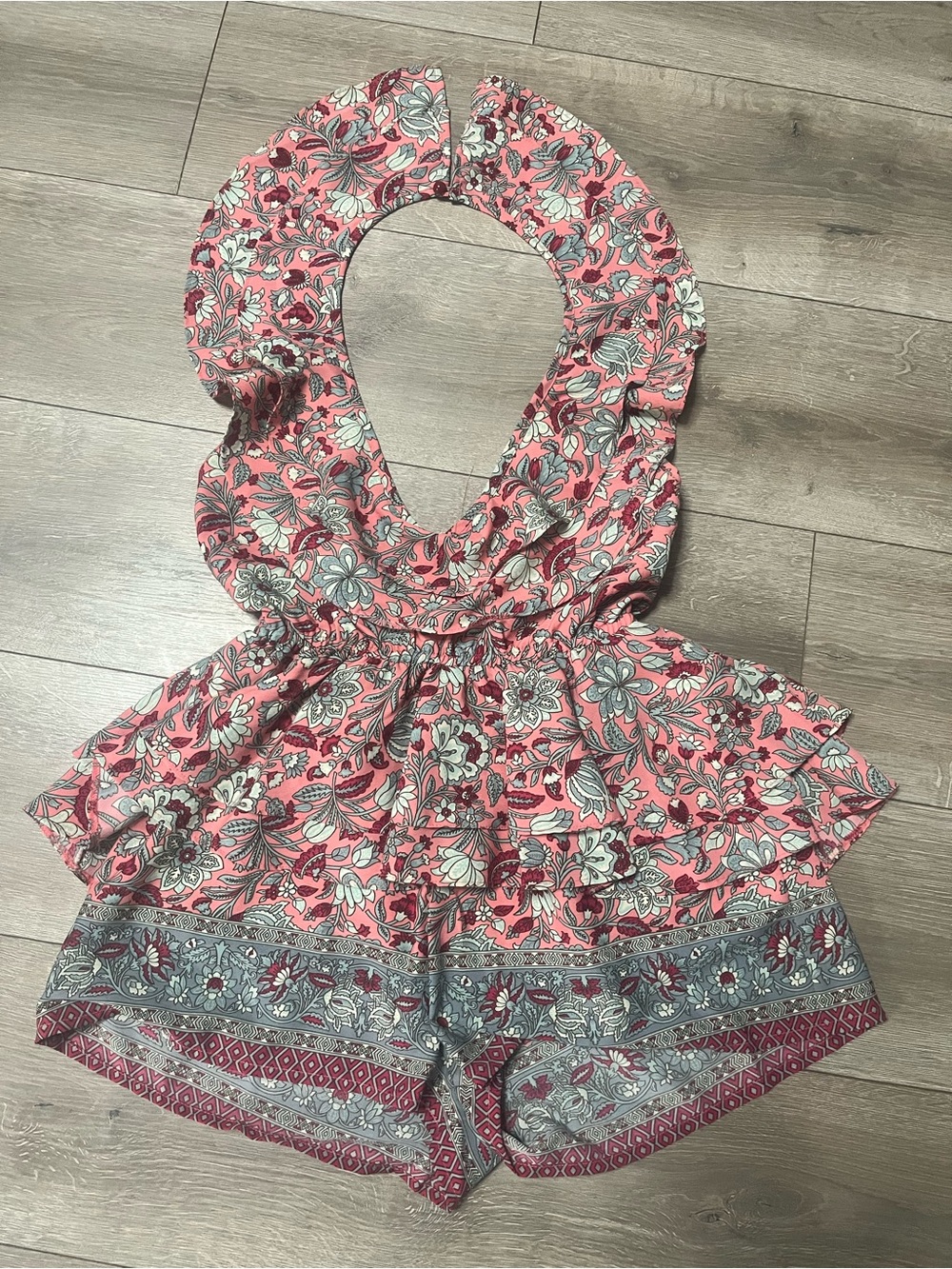 Boohoo Petite Pink Floral Halter Romper with Border-Print Shorts